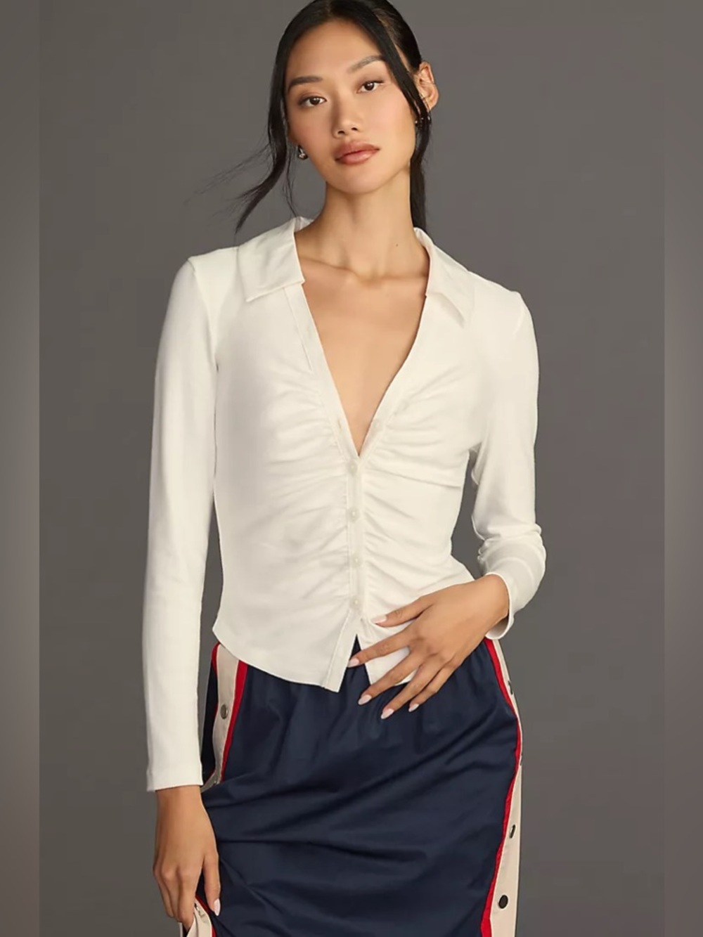 MAEVE (By Anthropologie) - Ruched Short Sleeve Polo Top / Size S / White